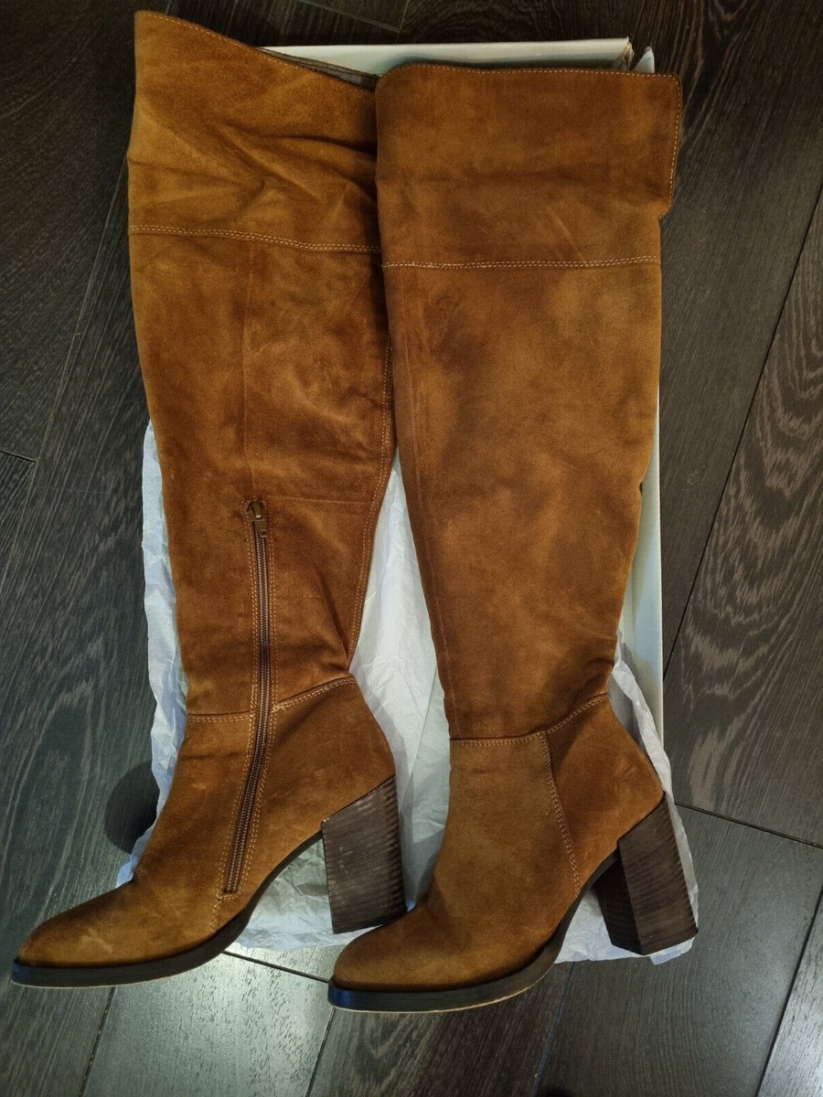 Carvela suede tan knee high heeled boots, uk size UK