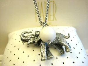 Vintage Jimi Singed Silver Tone Elephant White Bead Chain Pendant Necklace 24"