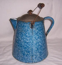`Vintage Cowboy Blue Speck Farmhouse Granitware Primative Coffee Pot Wood Handle