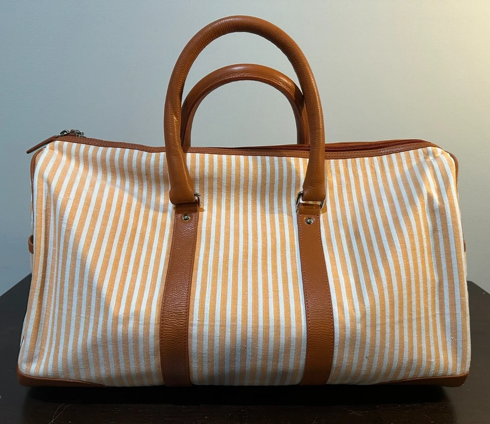 NEW Coca-Cola Rare Canvas Orange Cream Striped Zipper Leather Duffle Bag 18” - Image 4 of 4