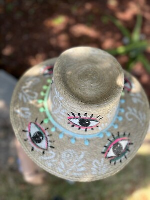 Hand embroidered hat with evil eye decoration / straw hat  display picture 2
