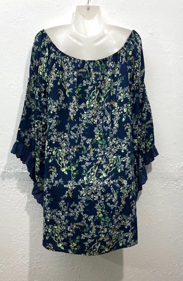 Voom by Joy Han Lined Mini Dress off shoulder Bell Sleeves Eyelet Floral Blue L - Image 2 of 4