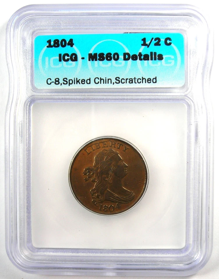 1804 Spiked Chin Draped Bust Half Cent 1/2C - Certified ICG MS60 Details UNC MS - Image 2 of 4