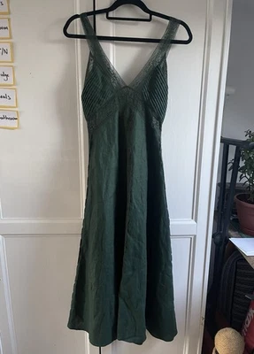 Zara 100% Linen Dark Green Dress, With Lace Detail XS RRP £89.99 NWT - Image 1 of 4