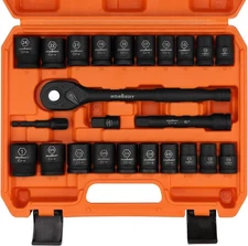 1/2" Drive Impact Socket Set 24-Piece Shallow Standard SAE & Metric 6 Point Cr-V