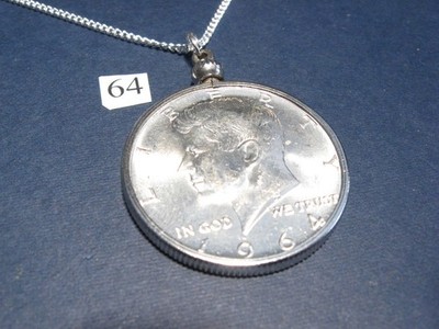 Necklace pendant bezel w/ 1964 Kennedy Silver Half Dollar 50c JFK ~ Great Gift!