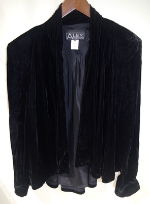 E2 vintage ALEX EVENINGS Blazer M Petite Black Velvet Open Front Swing Jacket US