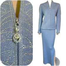 NWT NEW Stunning Ice Blue Sparkle St John Long Skirt & Jacket Suit sz 14