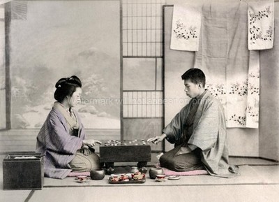 Japan Geisha and Man Playing Go Board Game Kimono Traditional Vtg. Photo 19thC.