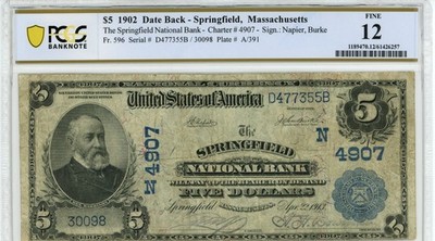 1902 $5 National Bank Note Springfield MA Fr596 PCGS F12 Charter 4907