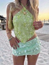 Green Sequin Triangle Backless Halter Top – Y2K Festival / Holiday Vibe -NEW, XS