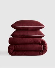 Quince European Linen Piped Duvet Cover Set Full Queen Burgundy White NWT 184