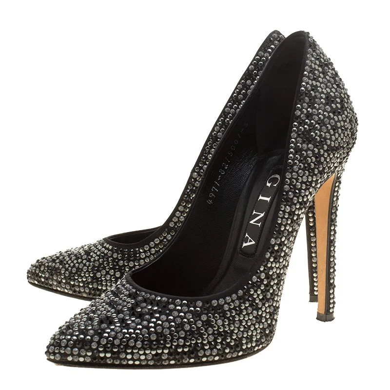 Gina Black Satin Anais Crystal Embellished Pumps Size 38 - Image 4 of 4
