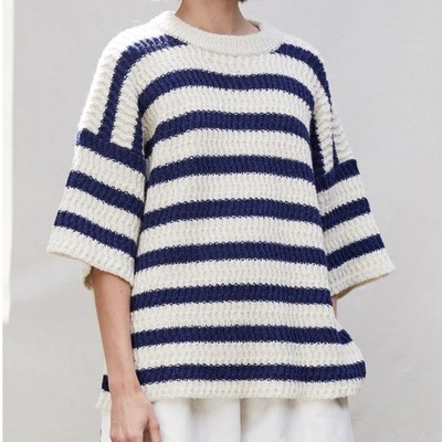 Apiece Apart MAHO SHORT SLEEVE KNIT BLUE STRIPE alpaca XS/S Pullover Sweater Top