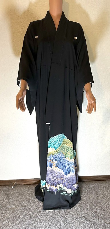 Black Tomesode Kimono, Forest Scenery Pattern, Artist's Work, Five Crests, Katab