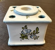 Vintage PIERRE DEUX Ceramic Hand Painted Blue /Green Floral INKWELL & Pen Holder