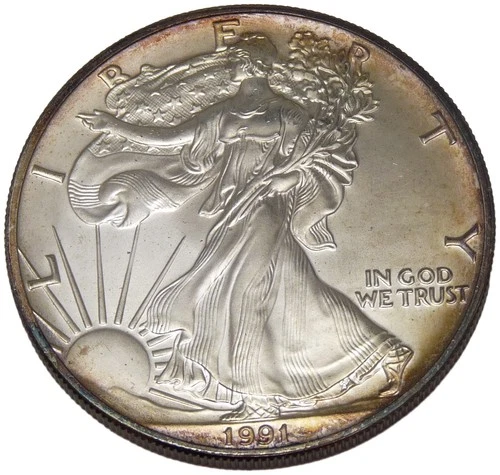 1991 American Silver Eagle 1 oz .999 Fine Silver Dollar Coin Toned