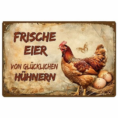 Blechschild Frische Eier Glückliche Hühner Huhn Retro Vintage  30x20cm TEL1196