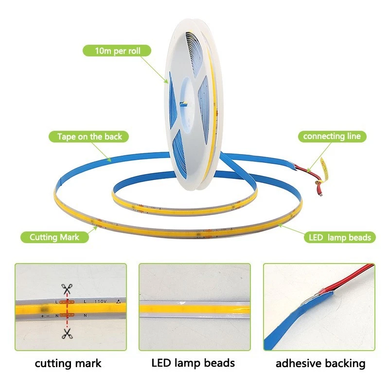 COB LED Strip Light AC110V High Voltage 32.8ft 10W/M 8mm Width For Home/Office - Image 2 of 4