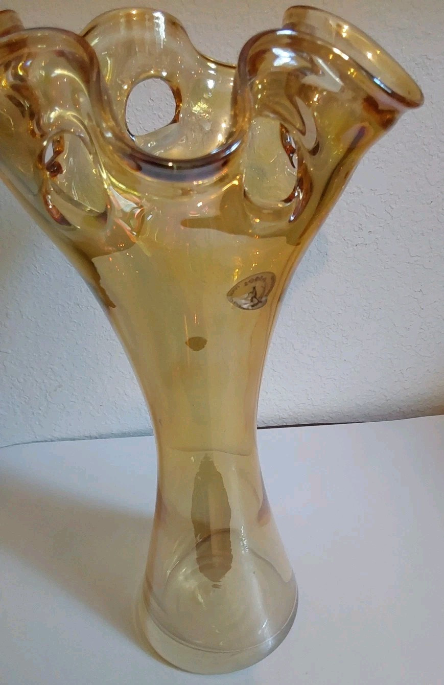 Zorza Poland Ruffled Art Glass Vase w/Tag-Amber w/Irredescence 14" Tall X 7.25 