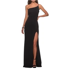 La Femme One-Shoulder High Slit Jersey Gown in Black Size 10 NWT