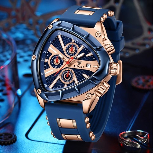 LIGE Men Watch Triangle Big Case Boy Sport Wristwatch Silicone Chronograph Watch - Picture 17 of 29