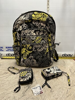 Vera Bradley Baroque Backpack, WRISTLET & WALLET LOT Black Yellow