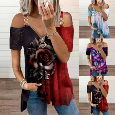 Womens Zipper V Neck T Shirt Casual Floral Blouse Loose Hollow Short Sleeve Tops