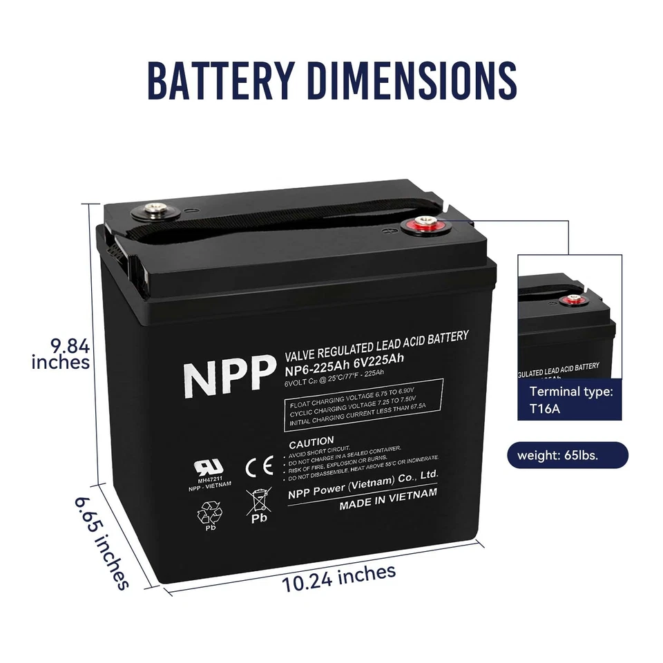 NPP NP6-225Ah (2Pcs) 6V 225Ah AGM Battery For Golf Cart RV Trolling Motor Solar - Image 4 of 4