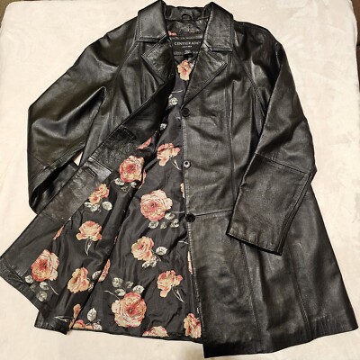 Centigrade Women's Leather A-Line Jacket Black w/ Floral Roses liner Mid Length
