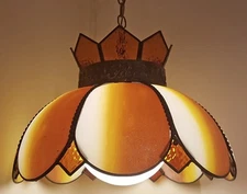 VINTAGE STAINED GLASS SWAG LAMP 1960s PARLOR POOL TABLE LIGHT ORANGE YELLOW