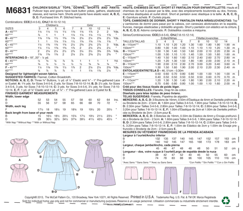 McCalls Easy SEWING PATTERN M6831 Childrens/Girls Gowns,Tops,Shorts,Trousers - Picture 10 of 10
