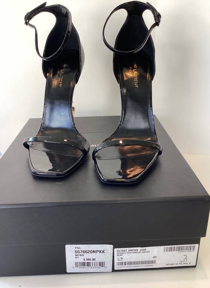 SAINT LAURENT TACCHI LOGO YSL OPYUM CON SANDALI HARDWARE ORO TAGLIA 41