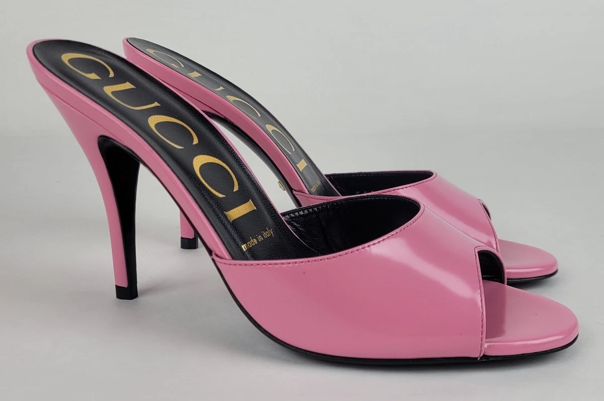 Gucci Women s Pink Shiny Leather Mid Heel Slides Sandals 593389 5927