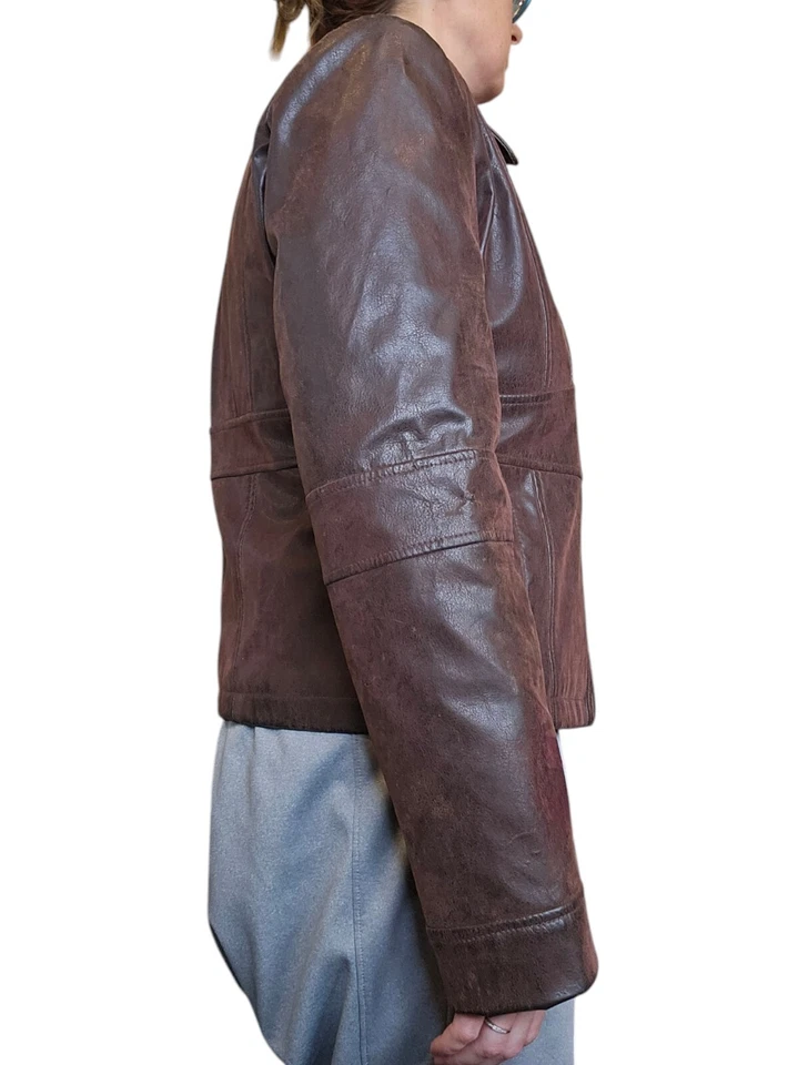 90s Womens Brown Vegan Faux Leather Jacket Distressed Babydoll Empire Waist - Image 4 of 4