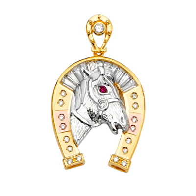 14k Tri Color Gold Zirkonia Hufeisen Anhänger - 42 mm x 26 mm