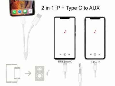 2 in 1 USB Type C 8  iPhone to 3.5mm Headphone Audio Jack Aux Mate Cable 
