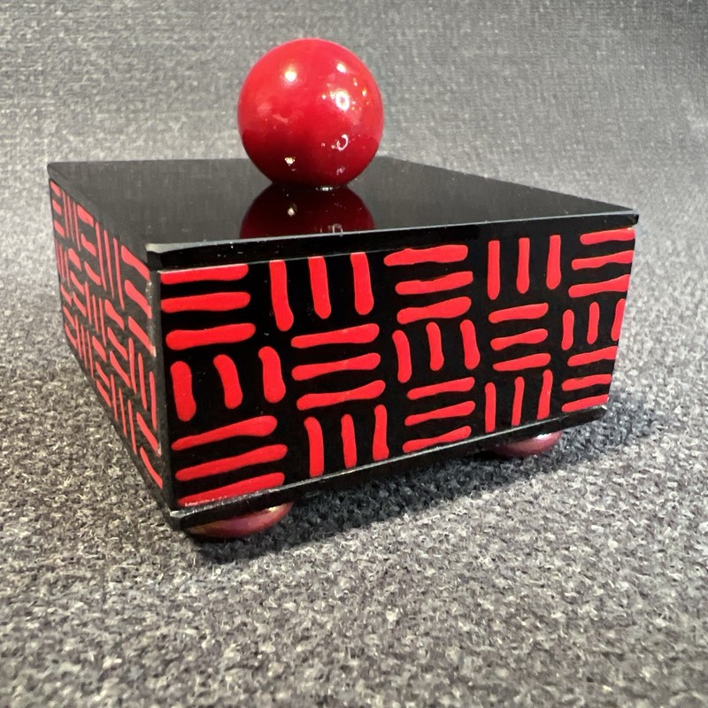 Mark Lewanski Fused Glass Rare Pattern Red Black Art Trinket Box With Lid 2008