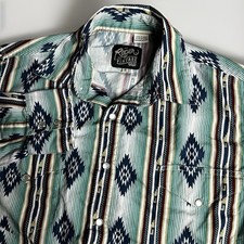 Roper Vintage Pearl Snap Shirt Mens Small Teal Aztec Southwestern Texas Rodeo