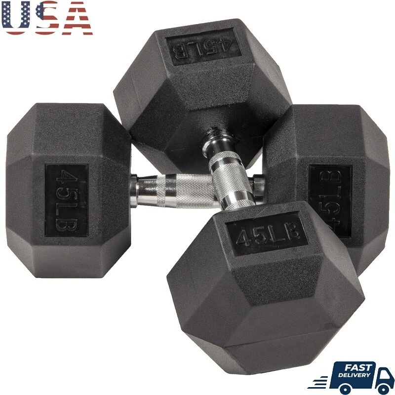 Hex Rubber Dumbbells 45 lbs Pair Non-Slip Grip Weight Training Equipment Black