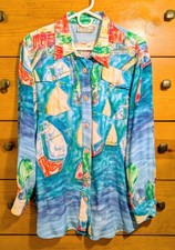 Vtg 80s Saint Germain Paris Flap Pocket Blouse Sailboat Art Womens M SILKY RAYON