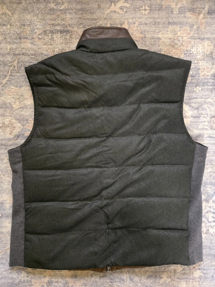 Chaleco de plumón de lana Luciano Barbera nuevo con etiquetas con cuero talla 54 (XL EE. UU.) gris/marrón Foto 2 de 4