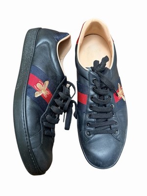 GUCCI Black Leather Ace Bee Embroidered Web Low Top Sneakers Mens Size 8