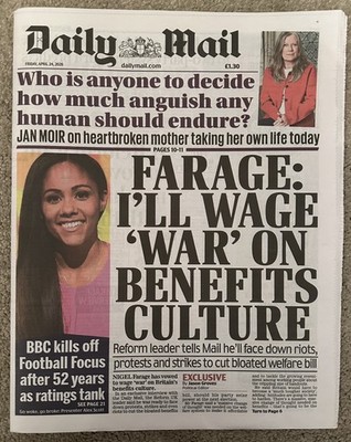 Daily Mail 24th April 2026 24/4/26 BBC Axes Football Focus & Nigel Farage Pledge