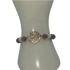Purple & White Beaded Gold-Tone Tree of Life Pendant Rhinestone Stretch Bracelet