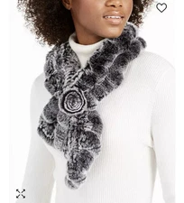 Rex Rabbit Fur Pull Through Neck Wrap Scarf Rosette Black White 34”