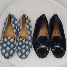 Lot Of 2 Worn Out/Bad Stubbs & Wootton Women 7.5 Canvas & Velour Smoking Flats