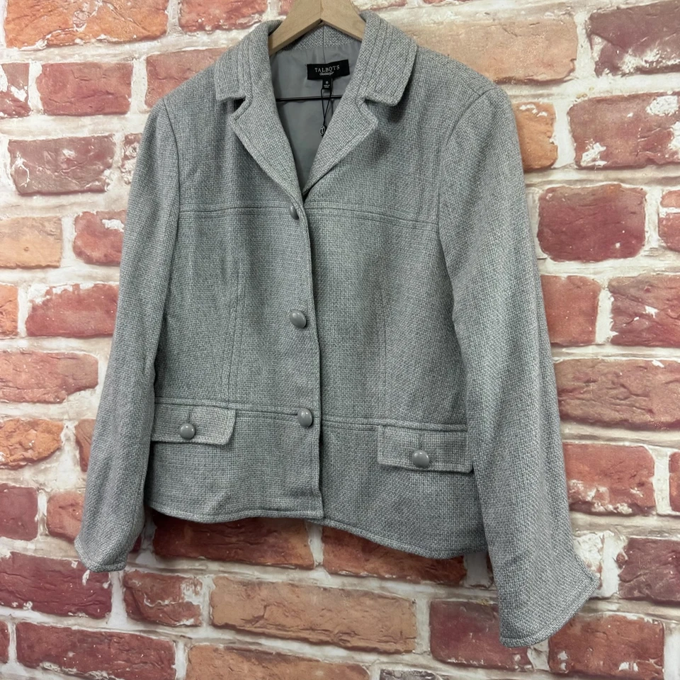 Chaqueta Talbots Mujer 16 Gris Mezcla Lana Forrada Botón Frontal Tweed Blazer Bolsillos Foto 3 de 4