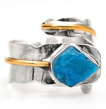 Two Tone Neon Blue Apatite 925 Solid Sterling Silver Ring Jewelry Sz 9 B17-5