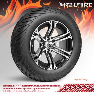 GOLF CART 14''x7'' MACHINED TERMINATOR WHEELS and 23'' 'HELLFIRE' DOT STREET TIRES